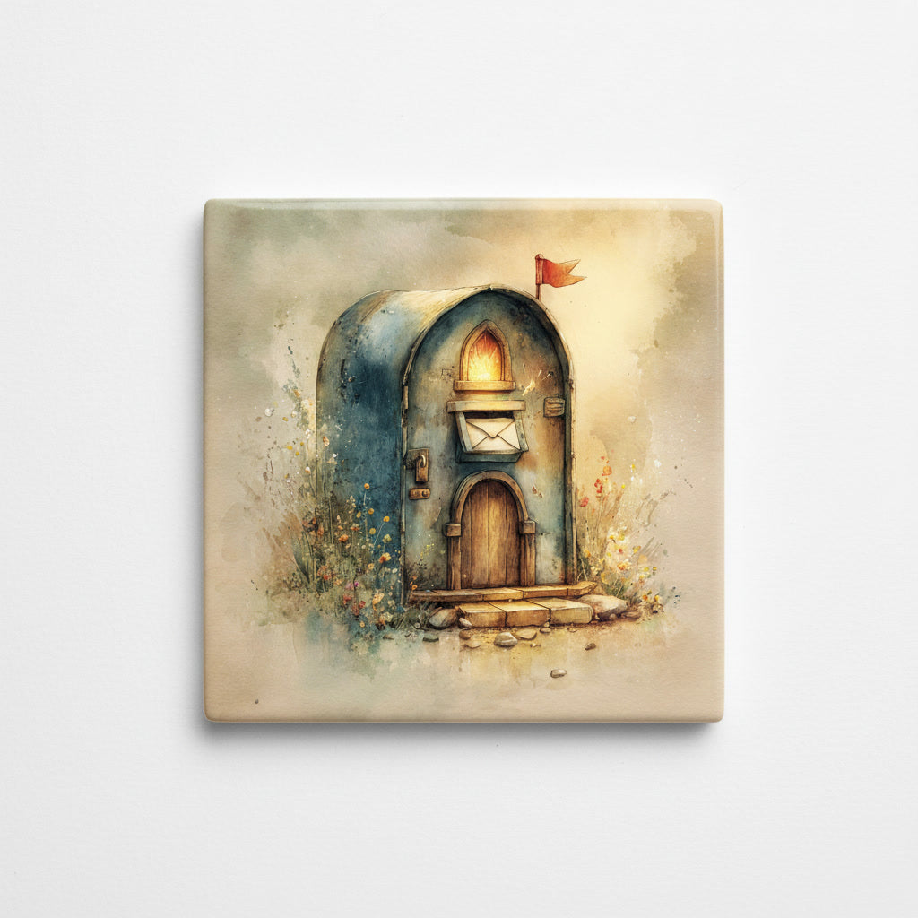 Mailbox Cottage Ceramic Tile – Whimsical Fairy Village Storybook Cottage Art