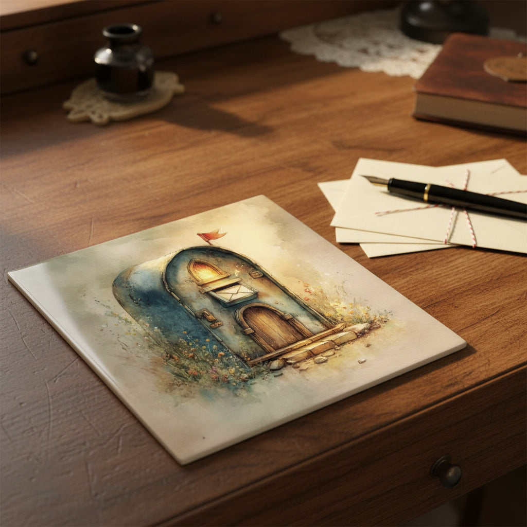 Mailbox Cottage Ceramic Tile – Whimsical Fairy Village Storybook Cottage Art