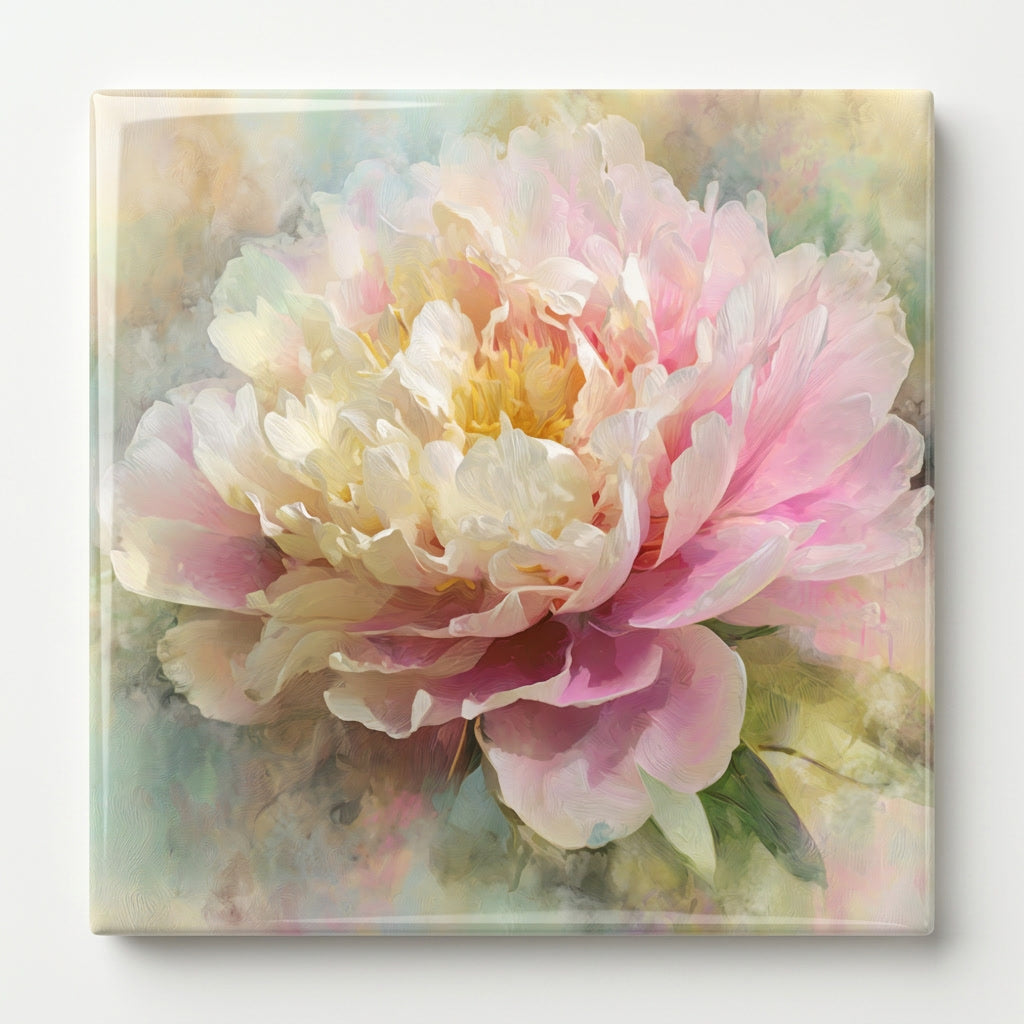 Painterly peony ceramic tile with soft pink and cream petals in a watercolor floral design