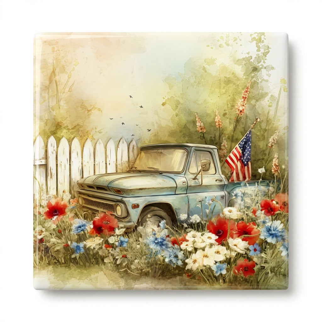 Vintage Truck Wildflower Ceramic Tile – Soft Americana Cottage Decor, Patriotic Farmhouse Art, Red White Blue Floral Accent