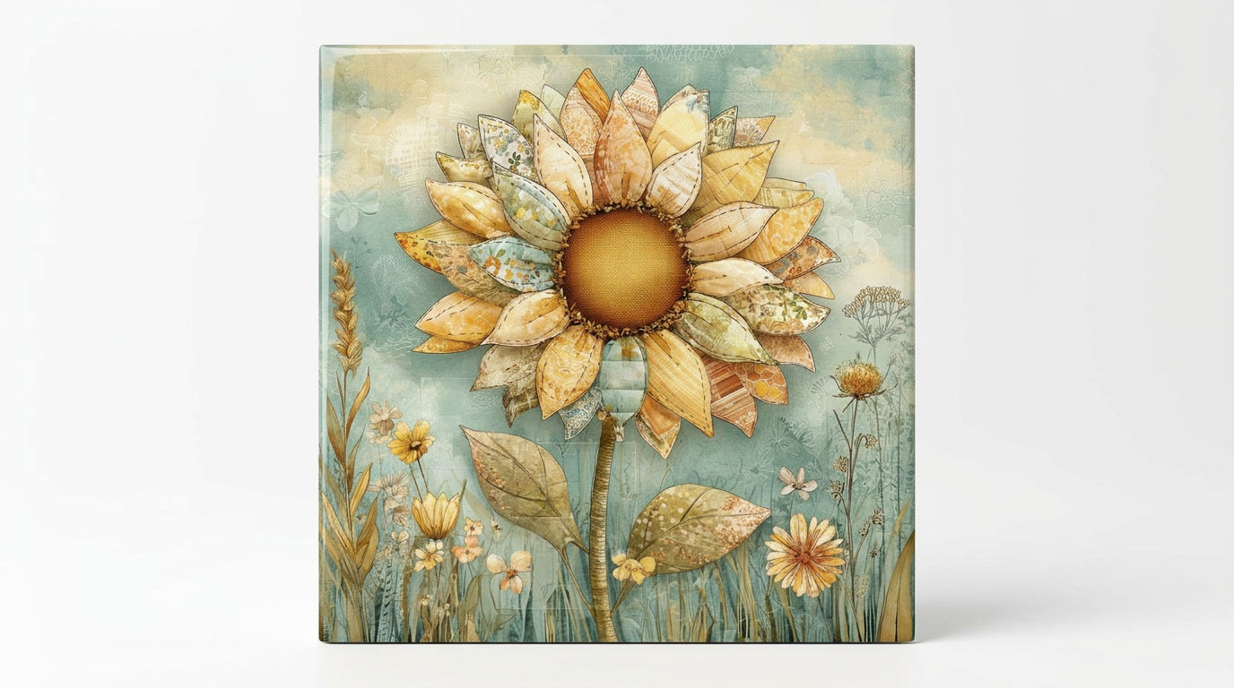 Patchwork sunflower ceramic art tile – cottagecore quilt style sunflower decor