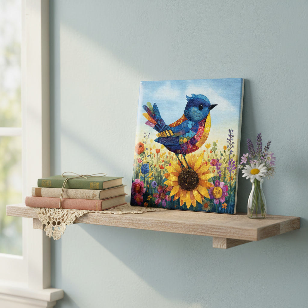 Patchwork Bluebird on Sunflower Ceramic Art Tile