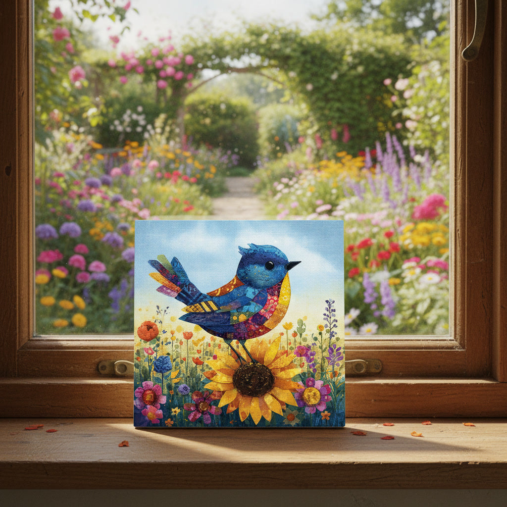 Patchwork Bluebird on Sunflower Ceramic Art Tile