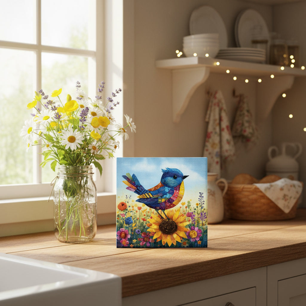 Patchwork Bluebird on Sunflower Ceramic Art Tile