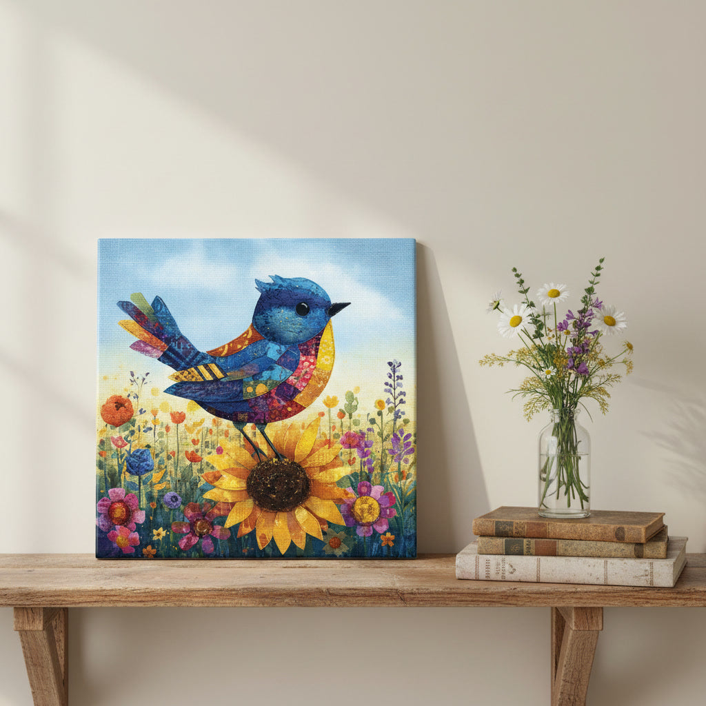 Patchwork Bluebird on Sunflower Ceramic Art Tile