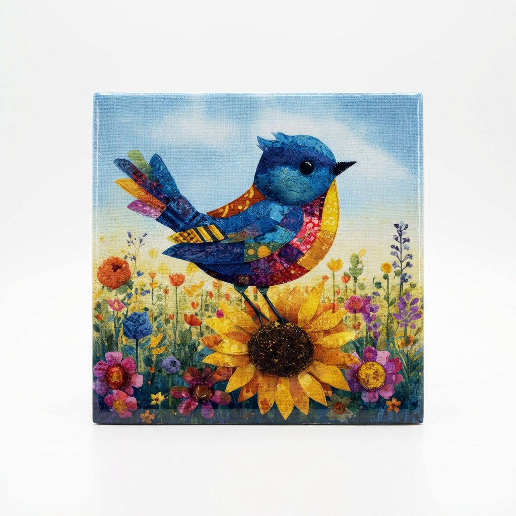Patchwork Bluebird on Sunflower Ceramic Art Tile