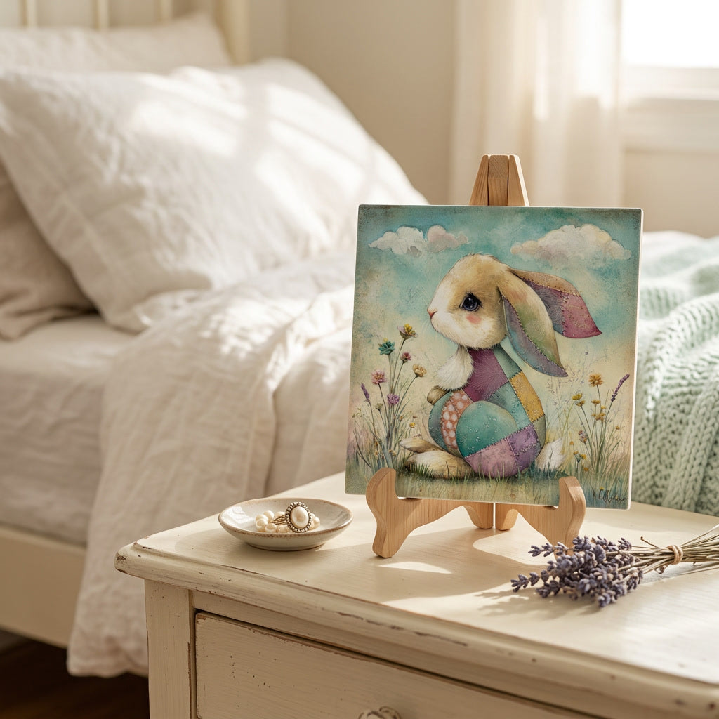 Whimsical Patchwork Bunny Ceramic Tile – Storybook Cottagecore Rabbit Art – Quilted Folk Art Animal – Handmade Style Decorative Tile