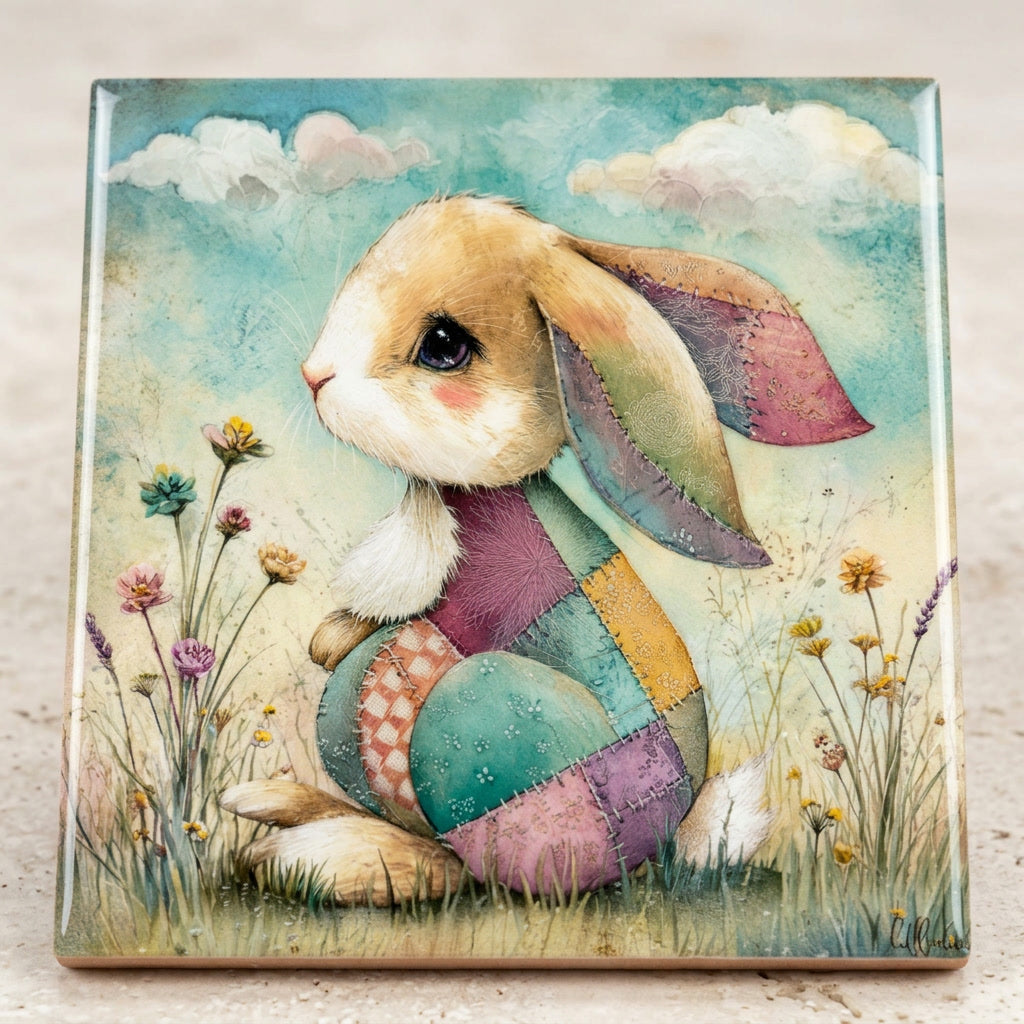Whimsical Patchwork Bunny Ceramic Tile – Storybook Cottagecore Rabbit Art – Quilted Folk Art Animal – Handmade Style Decorative Tile