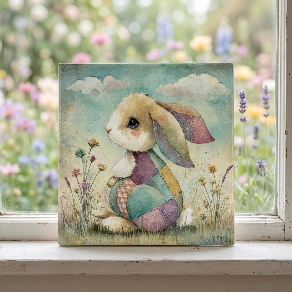 Whimsical Patchwork Bunny Ceramic Tile – Storybook Cottagecore Rabbit Art – Quilted Folk Art Animal – Handmade Style Decorative Tile