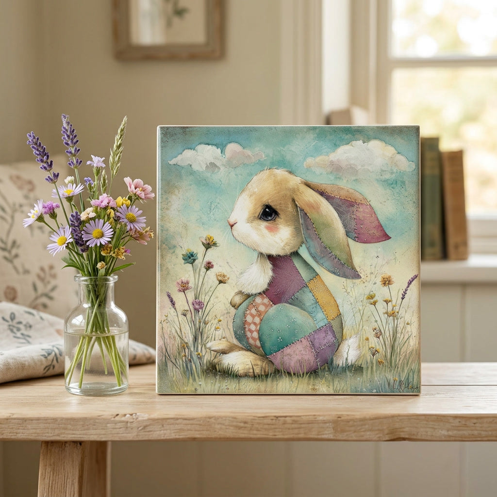 Whimsical Patchwork Bunny Ceramic Tile – Storybook Cottagecore Rabbit Art – Quilted Folk Art Animal – Handmade Style Decorative Tile
