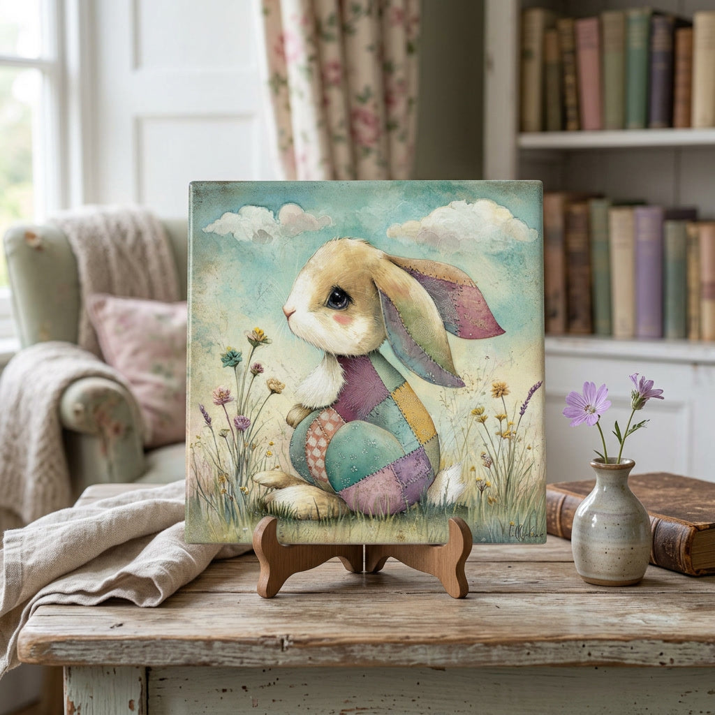 Whimsical Patchwork Bunny Ceramic Tile – Storybook Cottagecore Rabbit Art – Quilted Folk Art Animal – Handmade Style Decorative Tile