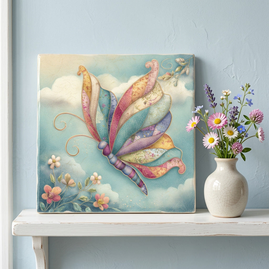Patchwork Butterfly Ceramic Tile – Whimsical Quilt-Inspired Butterfly Art Tile