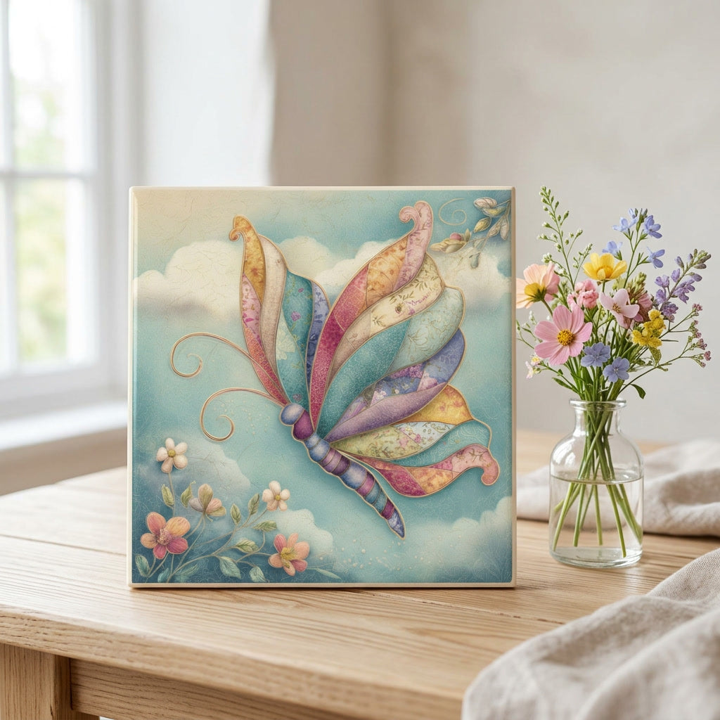 Patchwork Butterfly Ceramic Tile – Whimsical Quilt-Inspired Butterfly Art Tile