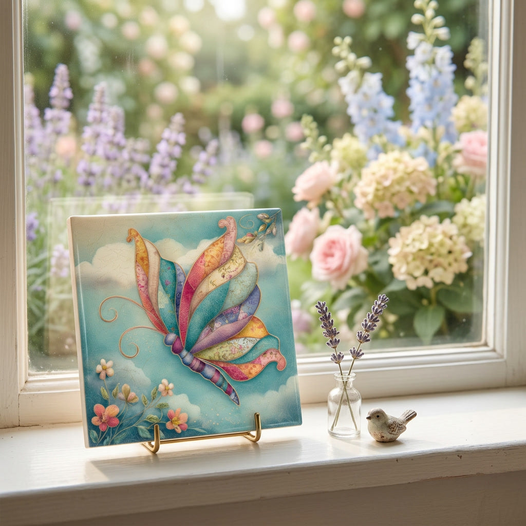 Patchwork Butterfly Ceramic Tile – Whimsical Quilt-Inspired Butterfly Art Tile
