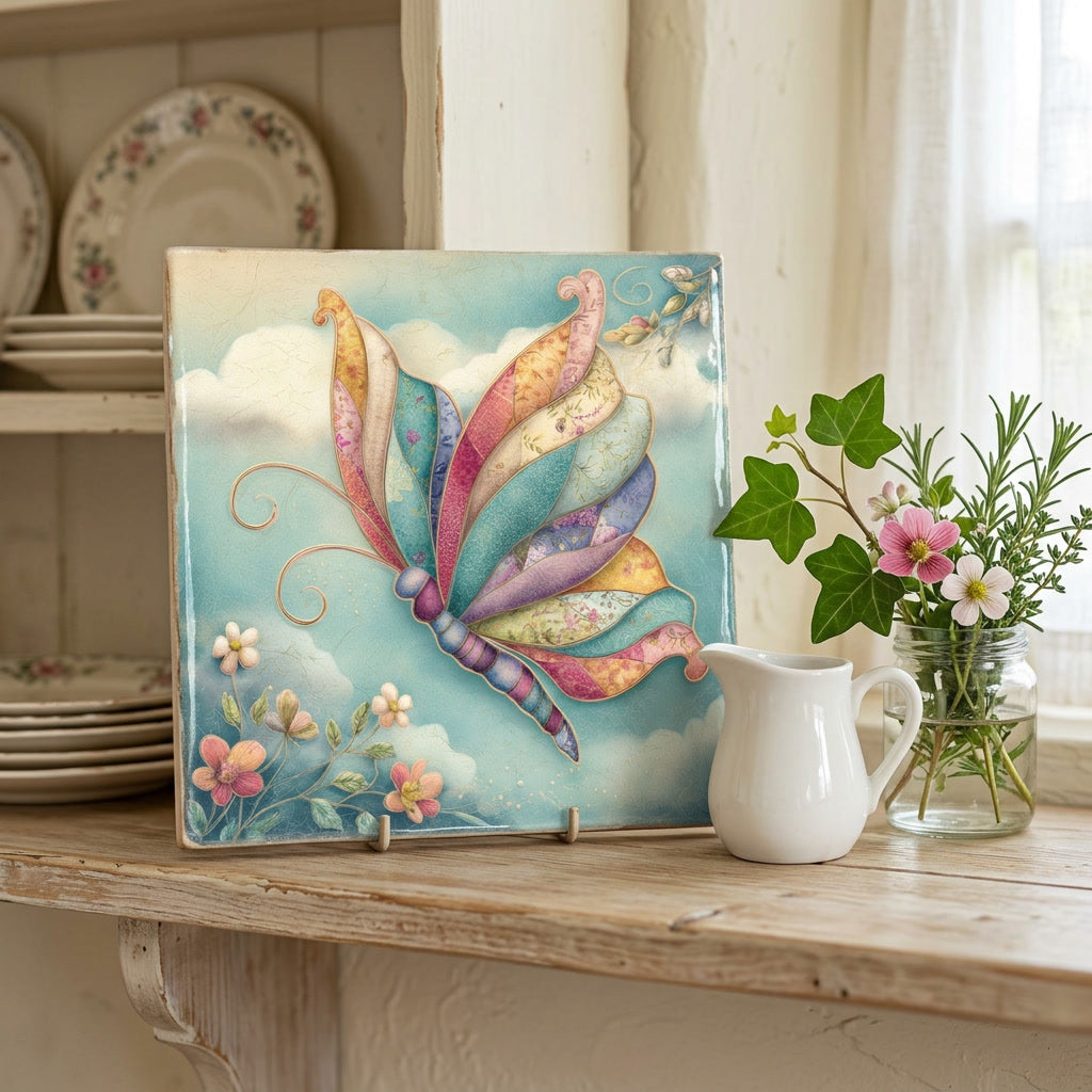 Patchwork Butterfly Ceramic Tile – Whimsical Quilt-Inspired Butterfly Art Tile