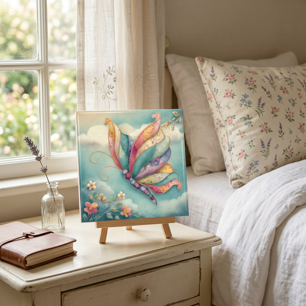 Patchwork Butterfly Ceramic Tile – Whimsical Quilt-Inspired Butterfly Art Tile