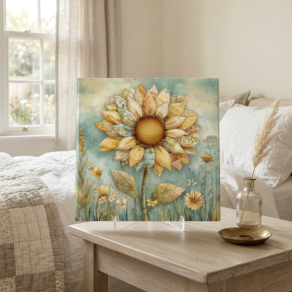 Whimsical Patchwork Sunflower Ceramic Tile Art – Cottagecore Quilt Flower Art – Storybook Folk Art Sunflower –