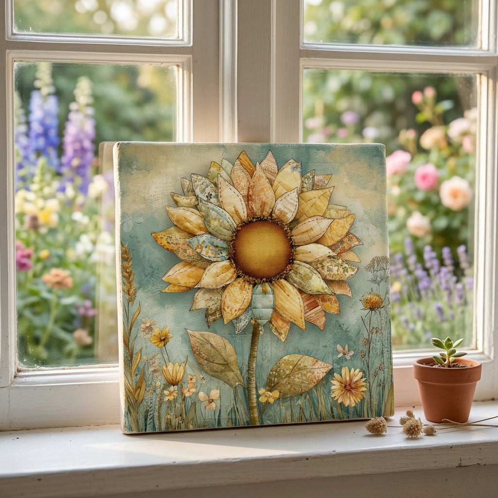 Whimsical Patchwork Sunflower Ceramic Tile Art – Cottagecore Quilt Flower Art – Storybook Folk Art Sunflower –
