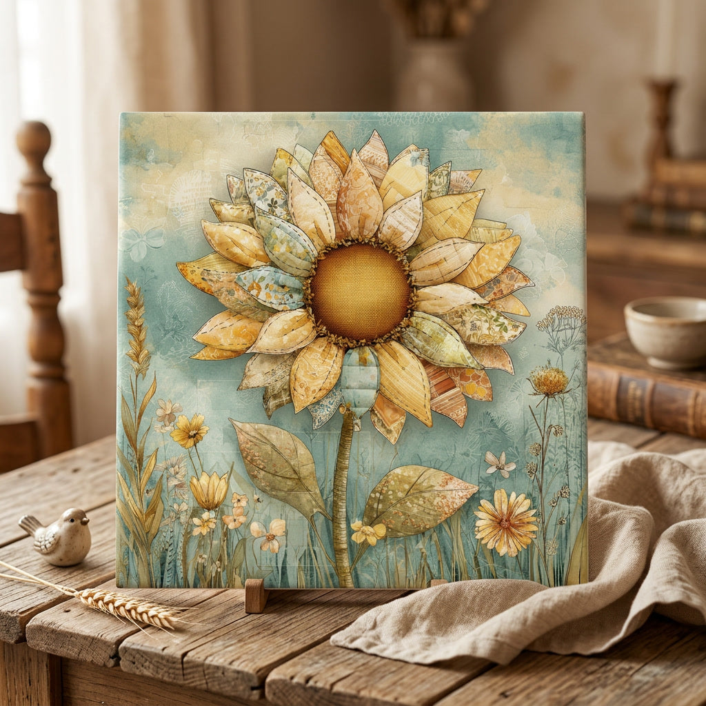 Whimsical Patchwork Sunflower Ceramic Tile Art – Cottagecore Quilt Flower Art – Storybook Folk Art Sunflower –
