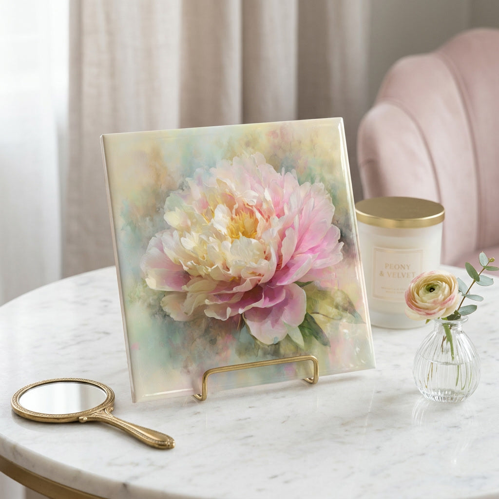 Decorative tile with floral design on a marble surface with a candle and small vase.