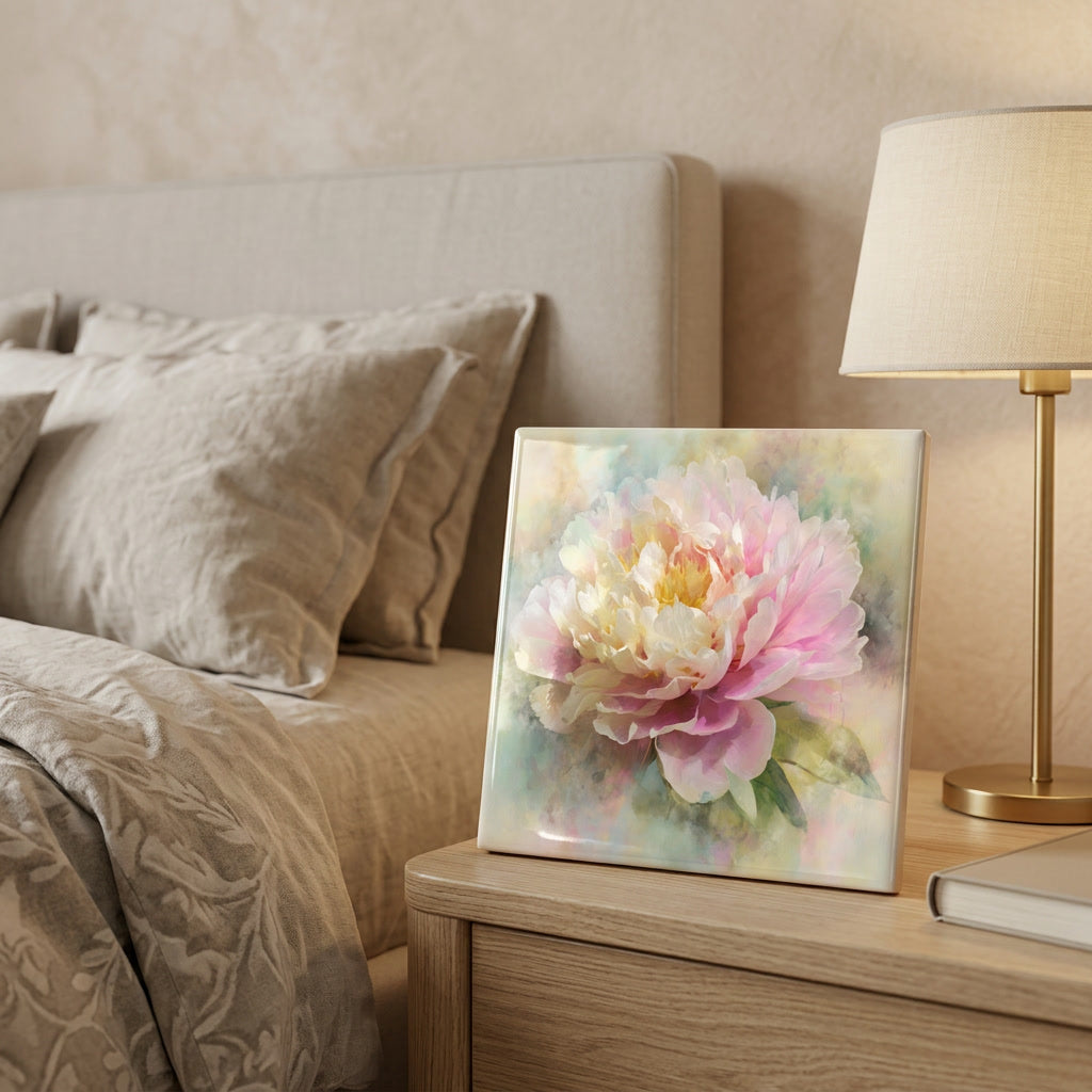 Floral tile on a nightstand next to a bed with pillows and a lamp.