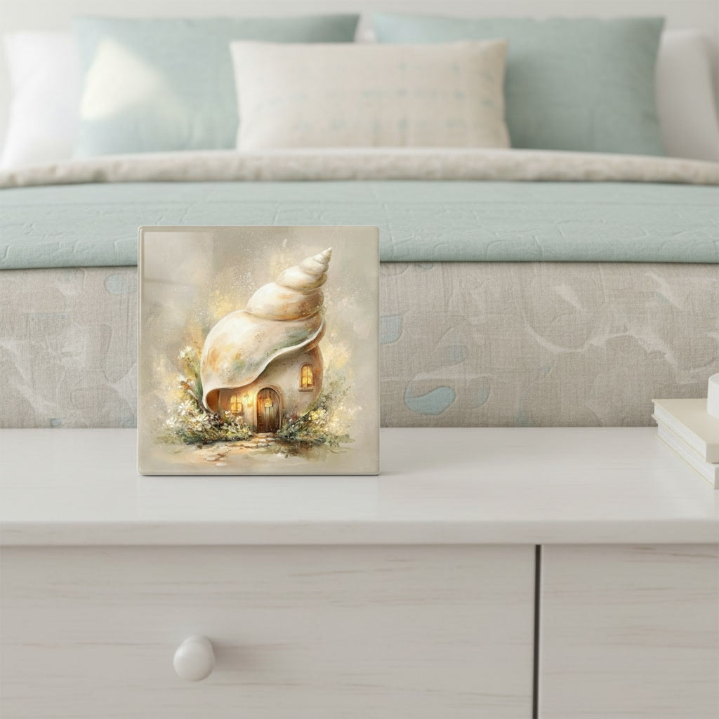 Seashell Cottage Ceramic Tile – Whimsical Fairy Village Storybook Coastal Cottage Art