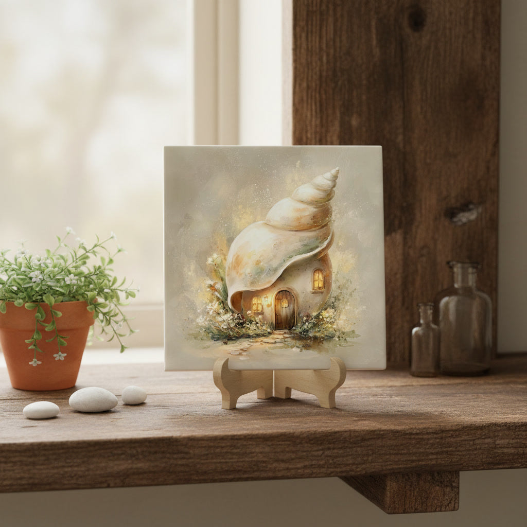 Seashell Cottage Ceramic Tile – Whimsical Fairy Village Storybook Coastal Cottage Art