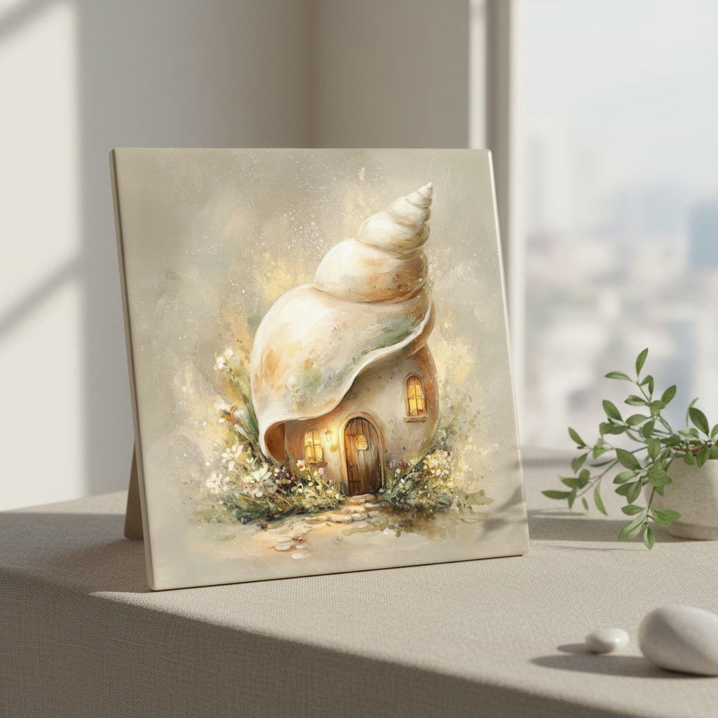 Seashell Cottage Ceramic Tile – Whimsical Fairy Village Storybook Coastal Cottage Art