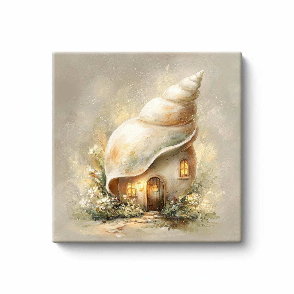 Seashell Cottage Ceramic Tile – Whimsical Fairy Village Storybook Coastal Cottage Art
