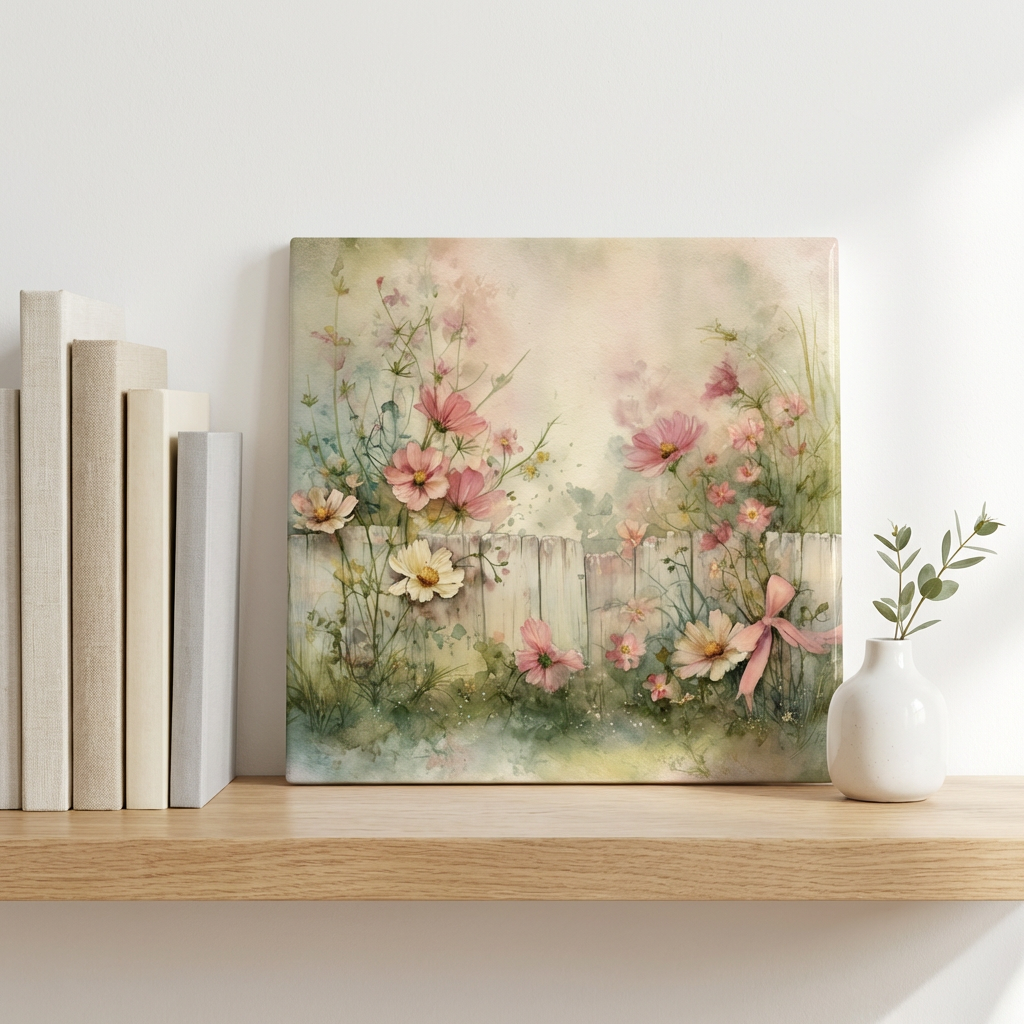 Floral tile on a shelf with books and a vase