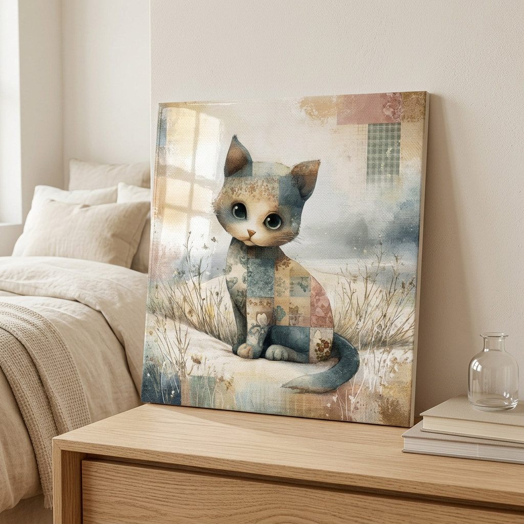 Patchwork Cat by the Sea – Glossy Ceramic Art Tile