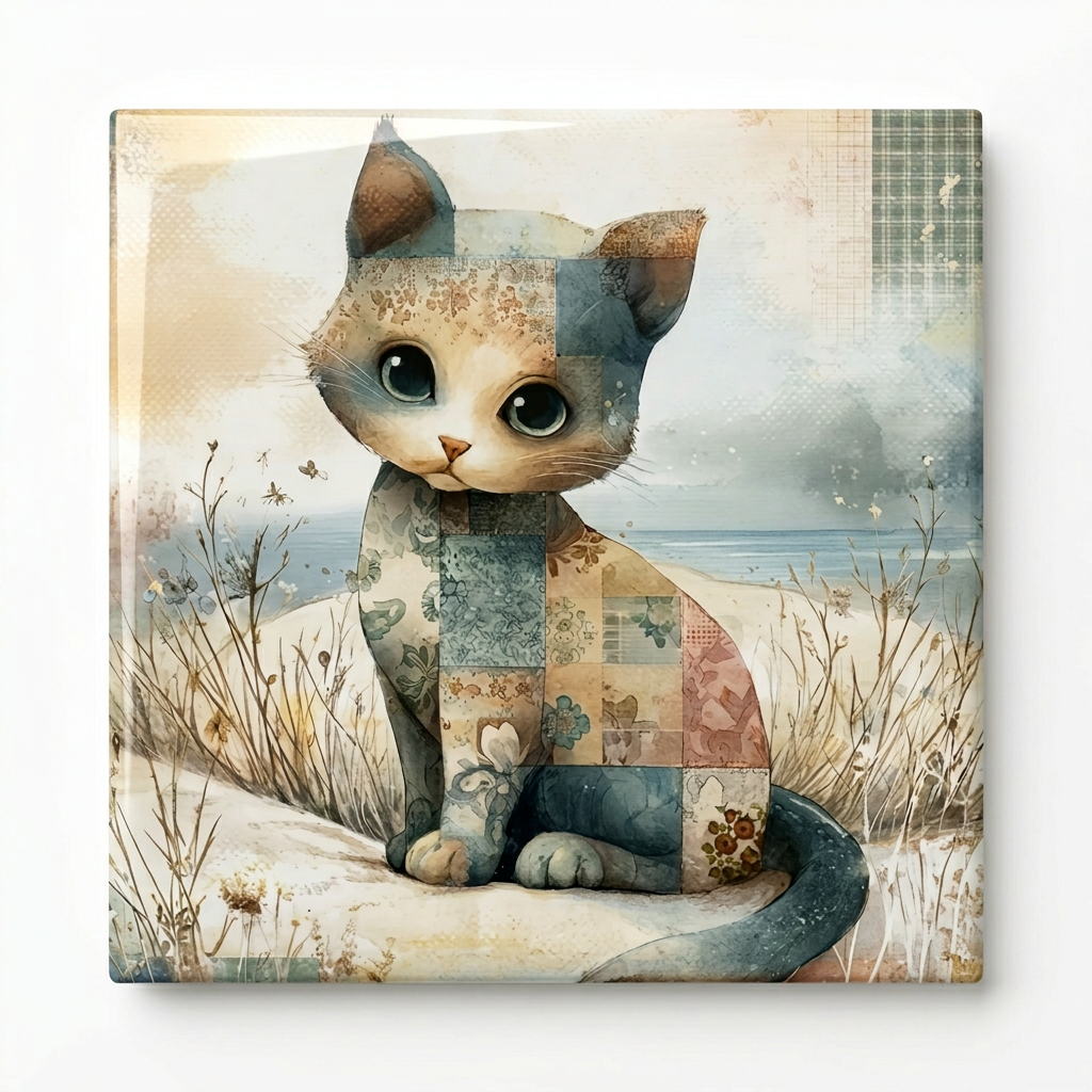 Patchwork Cat by the Sea – Glossy Ceramic Art Tile