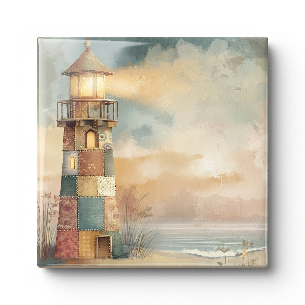 Patchwork Lighthouse by the Sea – Glossy Ceramic Art Tile