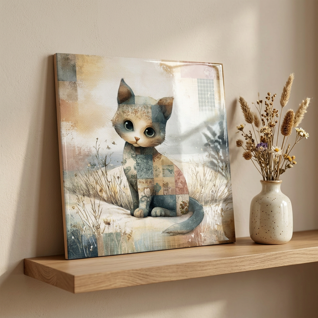 Patchwork Cat by the Sea – Glossy Ceramic Art Tile
