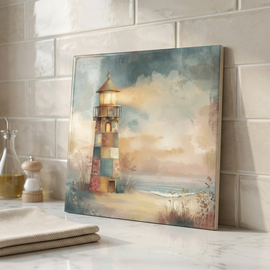 Patchwork Lighthouse by the Sea – Glossy Ceramic Art Tile