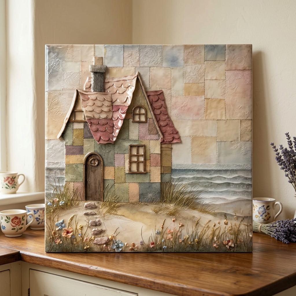 Patchwork Cottage by the Sea – Glossy Ceramic Art Tile