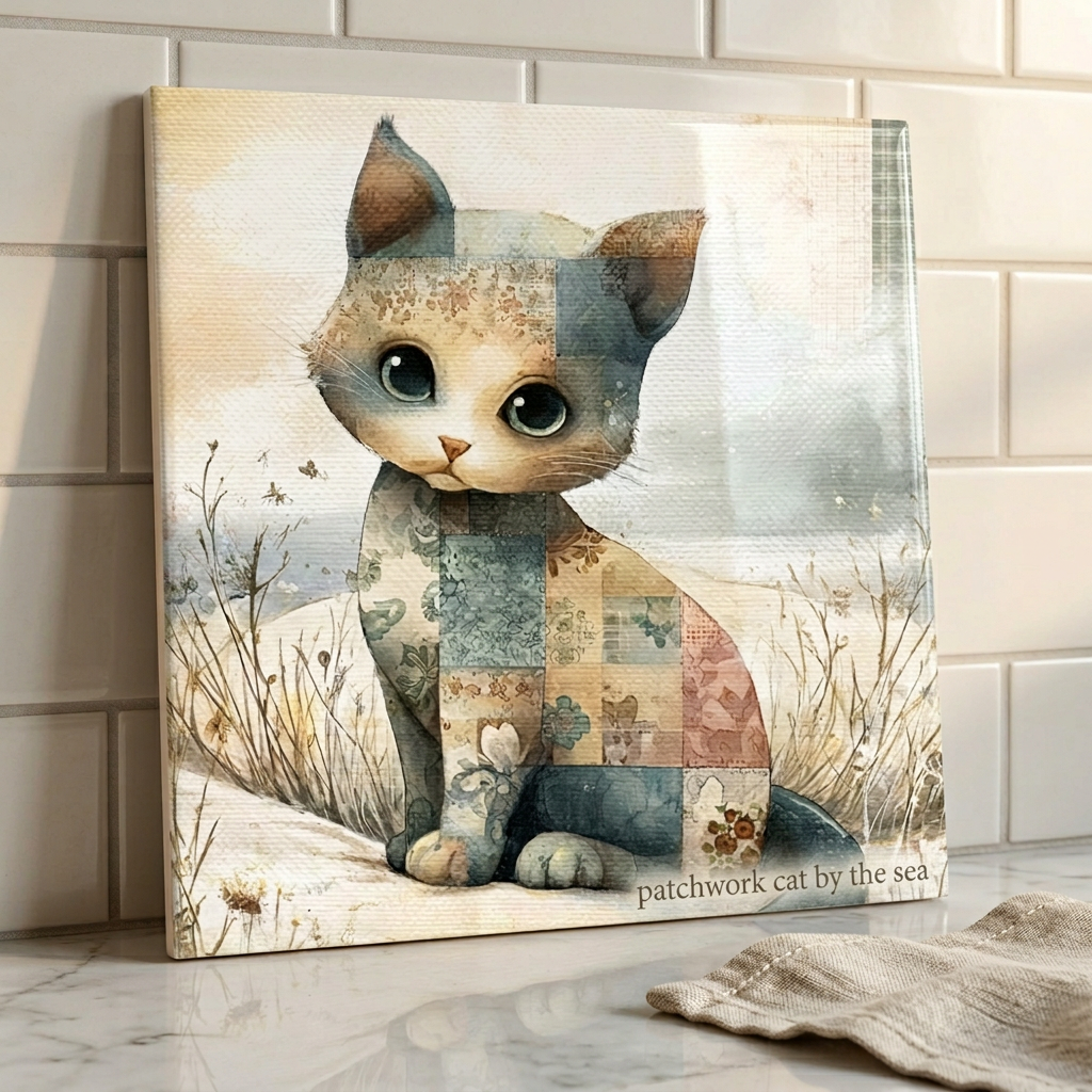 Patchwork Cat by the Sea – Glossy Ceramic Art Tile