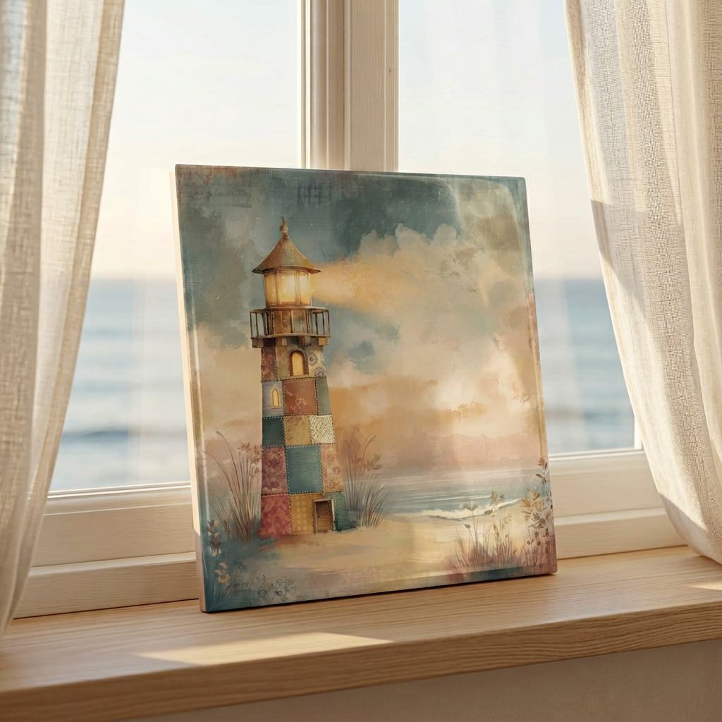 Patchwork Lighthouse by the Sea – Glossy Ceramic Art Tile