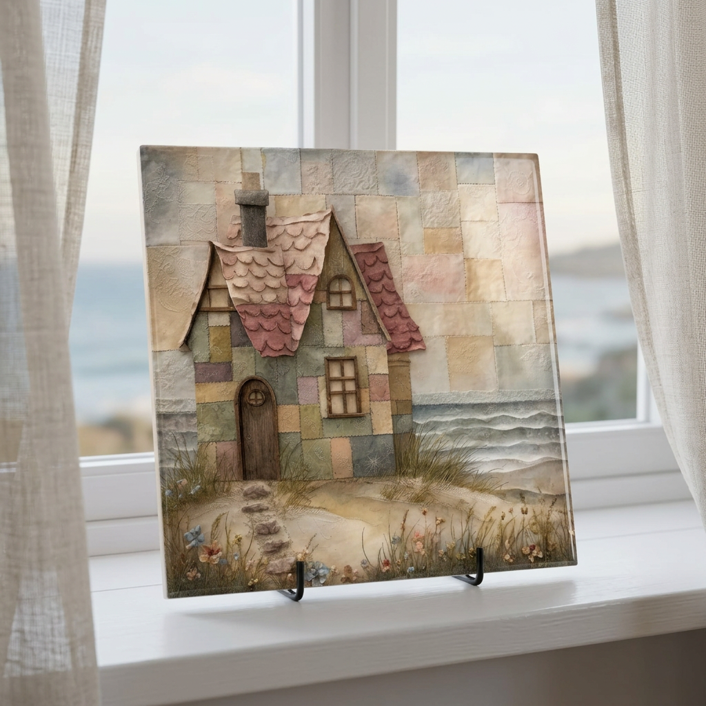 Patchwork Cottage by the Sea – Glossy Ceramic Art Tile