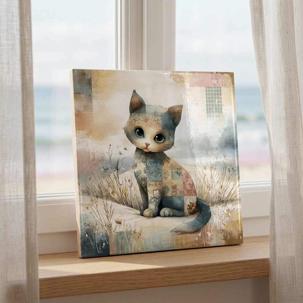 Patchwork Cat by the Sea – Glossy Ceramic Art Tile