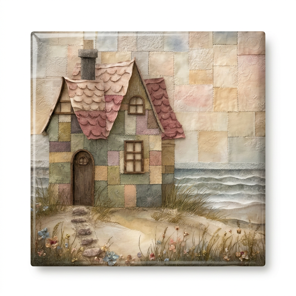 Patchwork Cottage by the Sea – Glossy Ceramic Art Tile