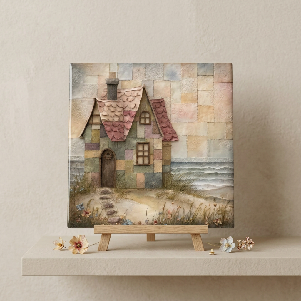 Patchwork Cottage by the Sea – Glossy Ceramic Art Tile