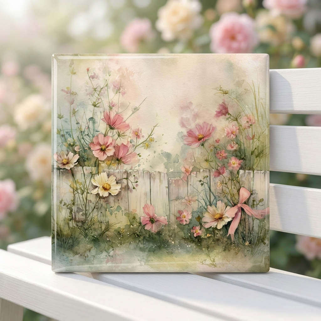 Decorative tile with floral design on a white chair with a garden background
