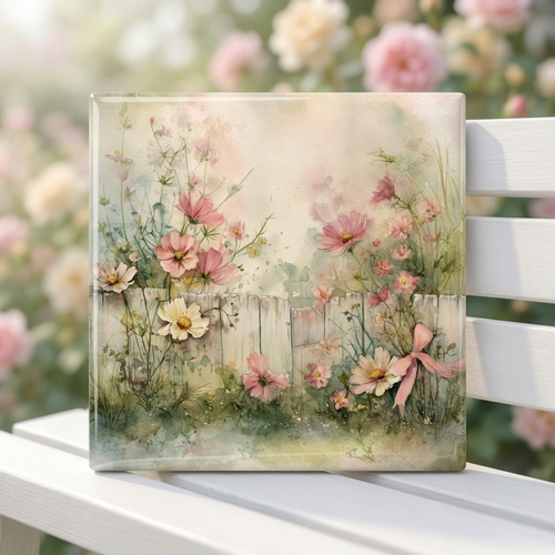 Decorative tile with floral design on a white chair with a garden background