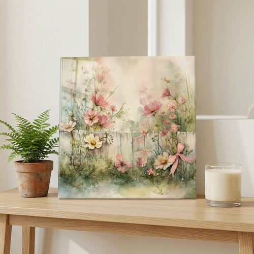 Floral tile on a wooden shelf with a plant and candle