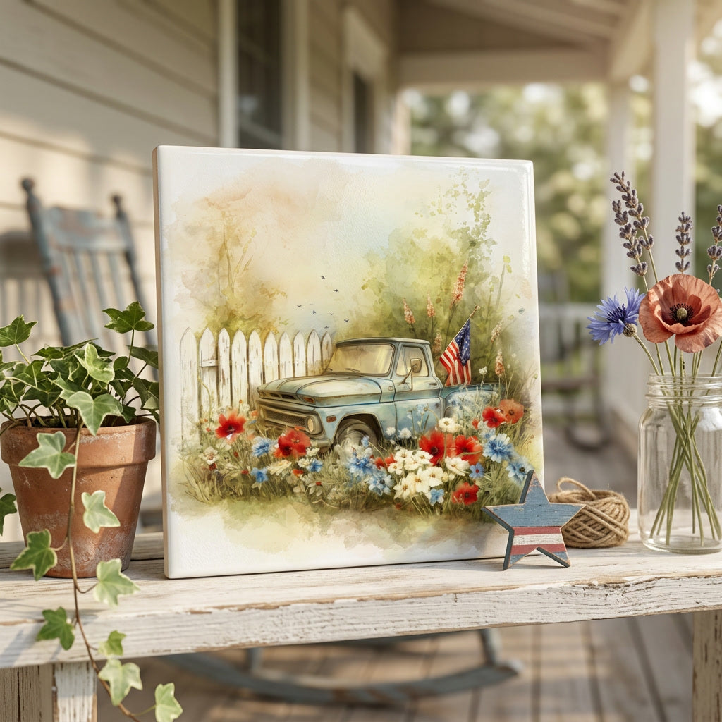 Vintage Truck Wildflower Ceramic Tile – Soft Americana Cottage Decor, Patriotic Farmhouse Art, Red White Blue Floral Accent