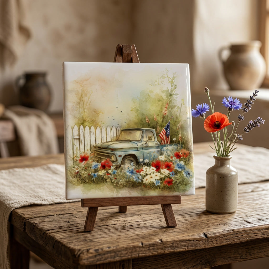 Vintage Truck Wildflower Ceramic Tile – Soft Americana Cottage Decor, Patriotic Farmhouse Art, Red White Blue Floral Accent