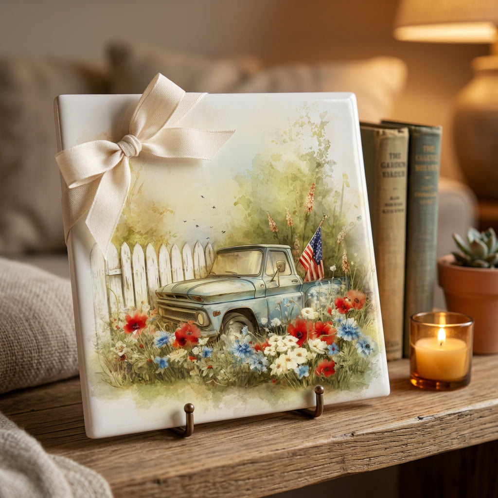 Vintage Truck Wildflower Ceramic Tile – Soft Americana Cottage Decor, Patriotic Farmhouse Art, Red White Blue Floral Accent