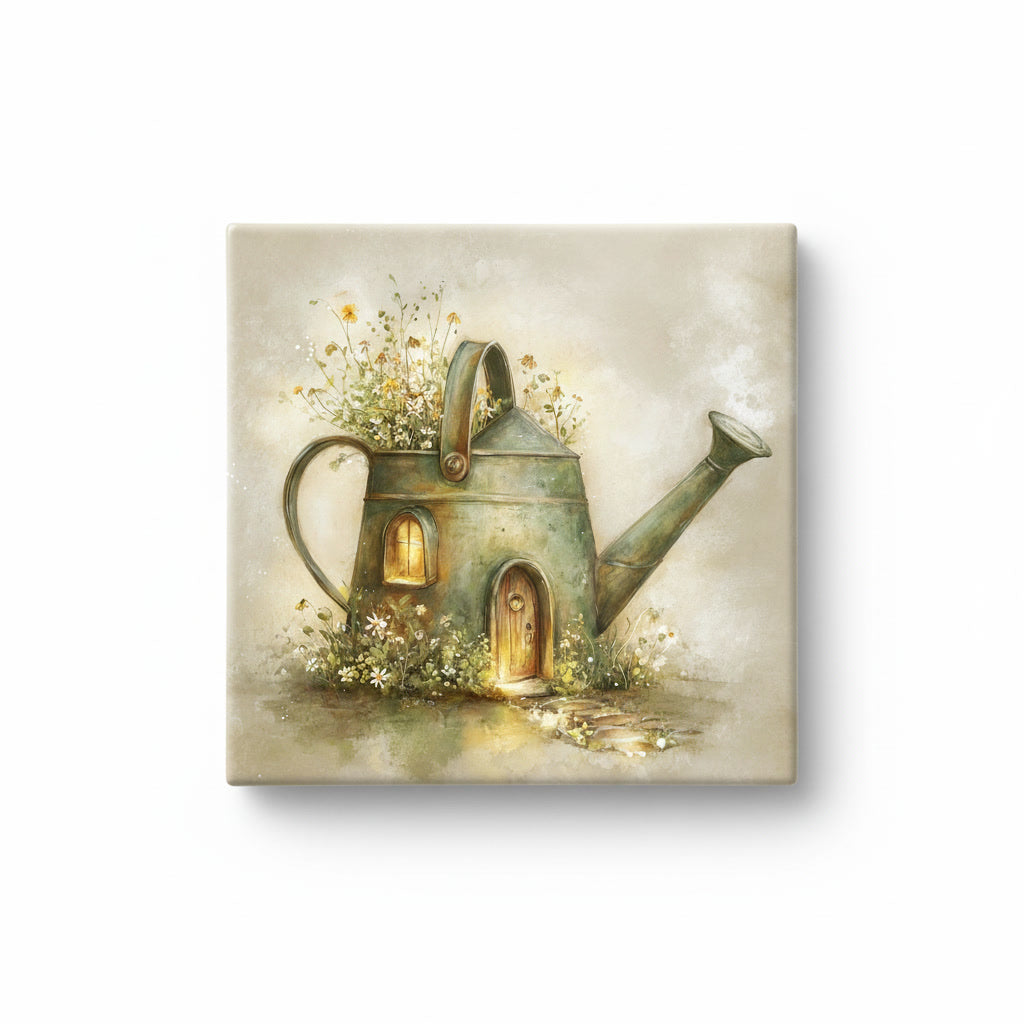 Watering Can Cottage Ceramic Tile – Whimsical Fairy Village Garden Cottage Storybook Art