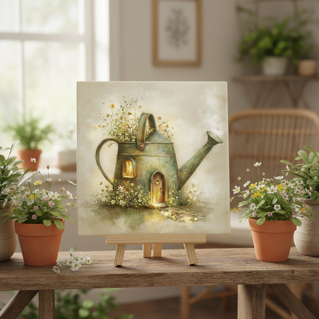 Watering Can Cottage Ceramic Tile – Whimsical Fairy Village Garden Cottage Storybook Art